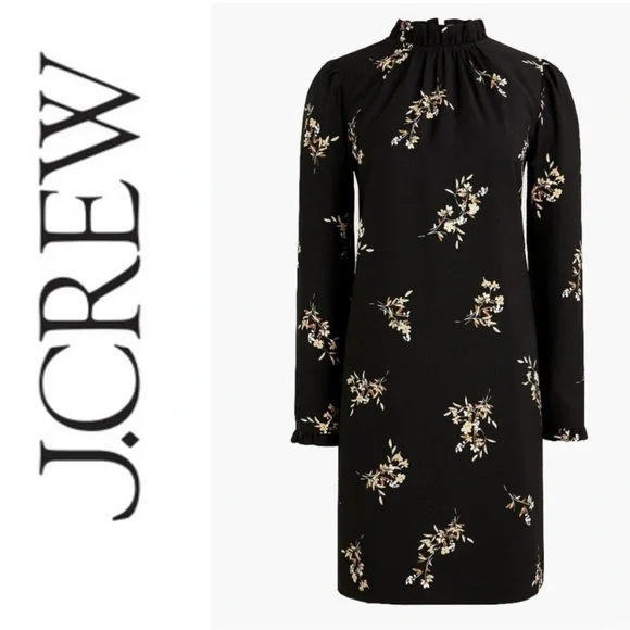 J. Crew Factory Printed Ruffleneck Shift Dress Black Floral Size 4 - Picture 1 of 6